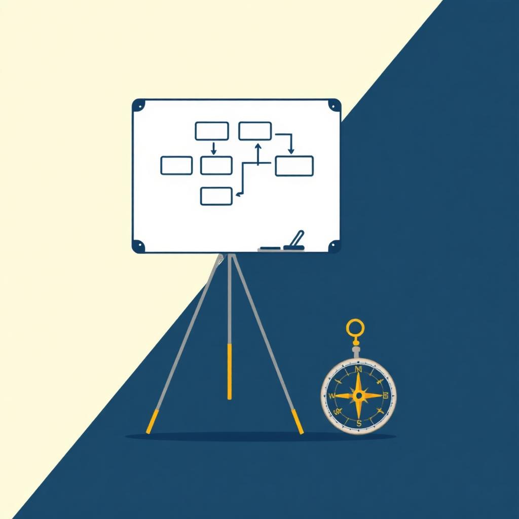 Illustration of a whiteboard with a process flowchart next to a compass