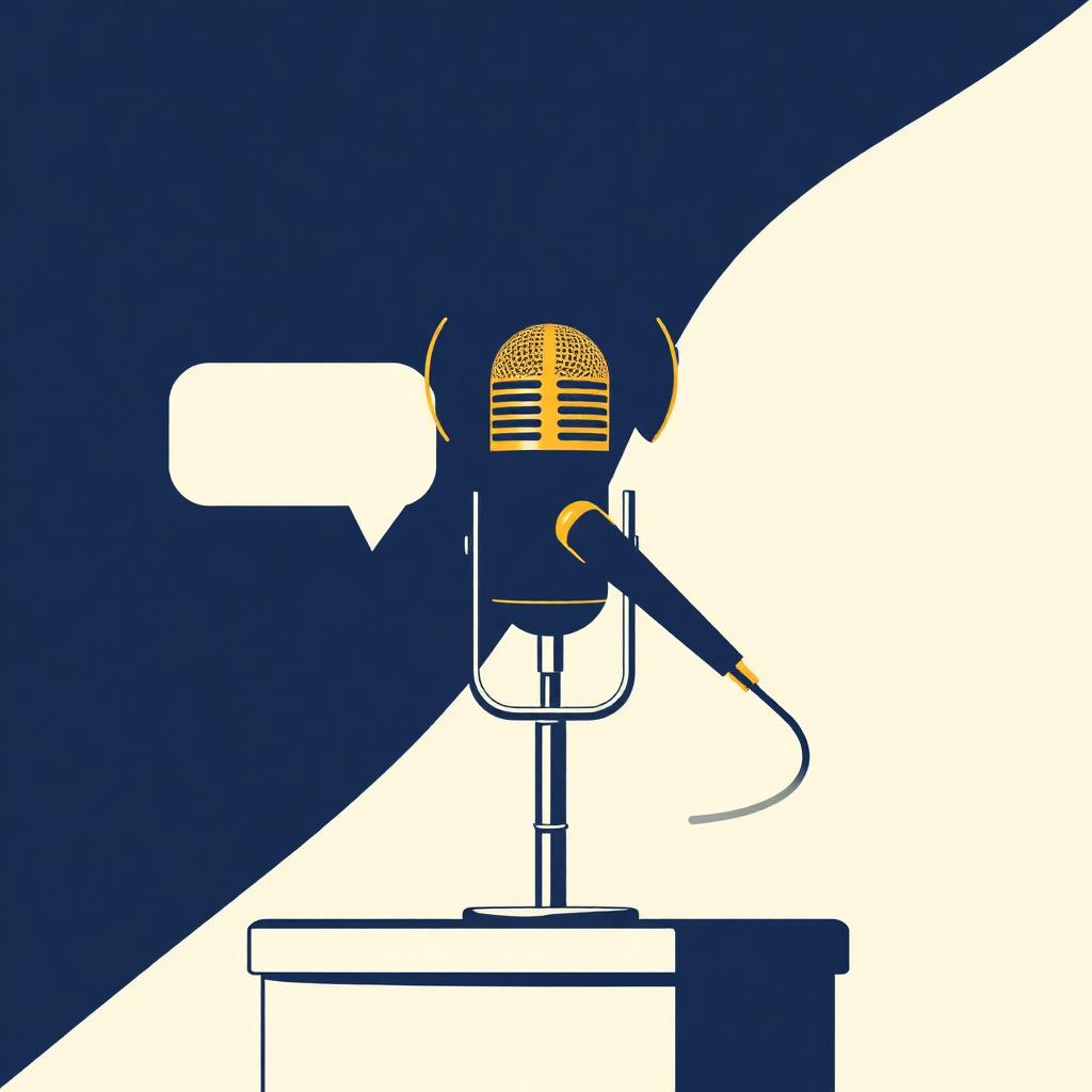 Illustration of a microphone on a podium with a speech bubble and sound waves