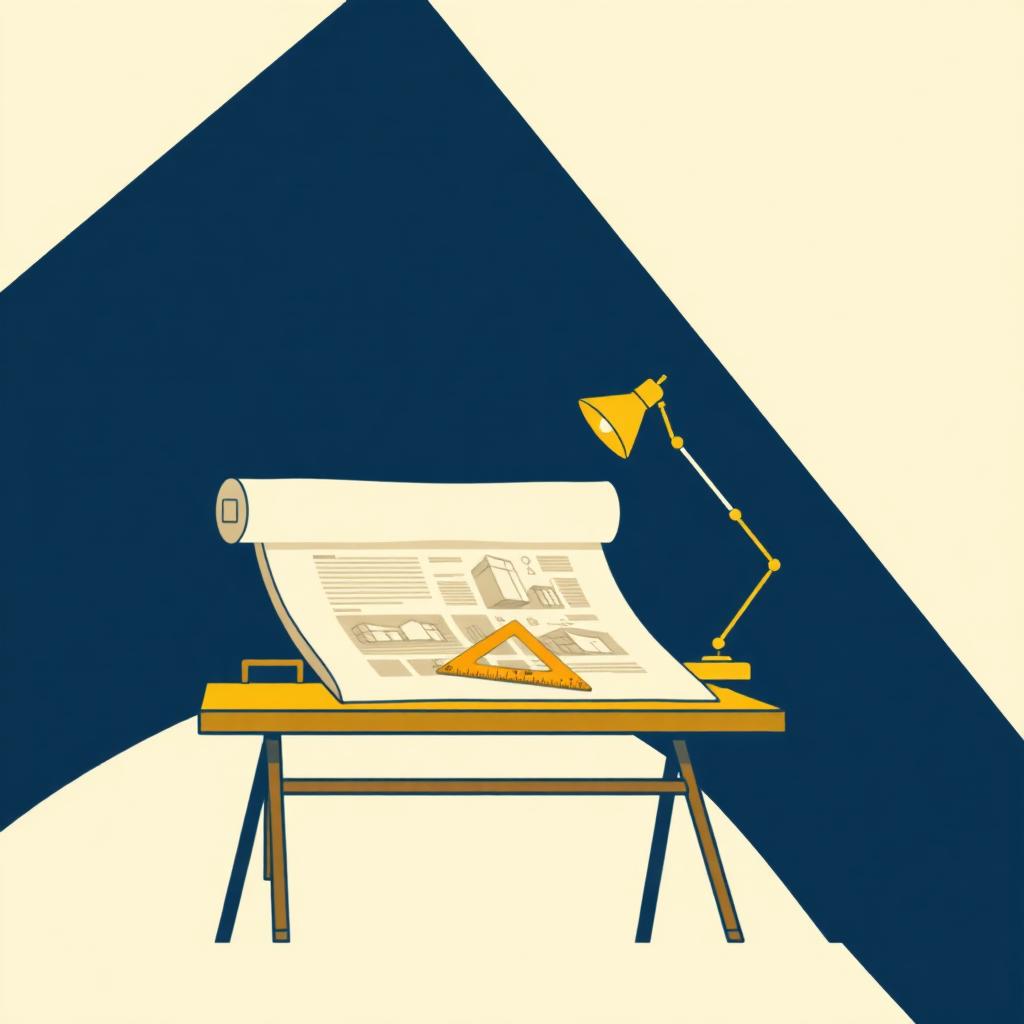 Illustration of a drafting desk with blueprints and a glowing lightbulb
