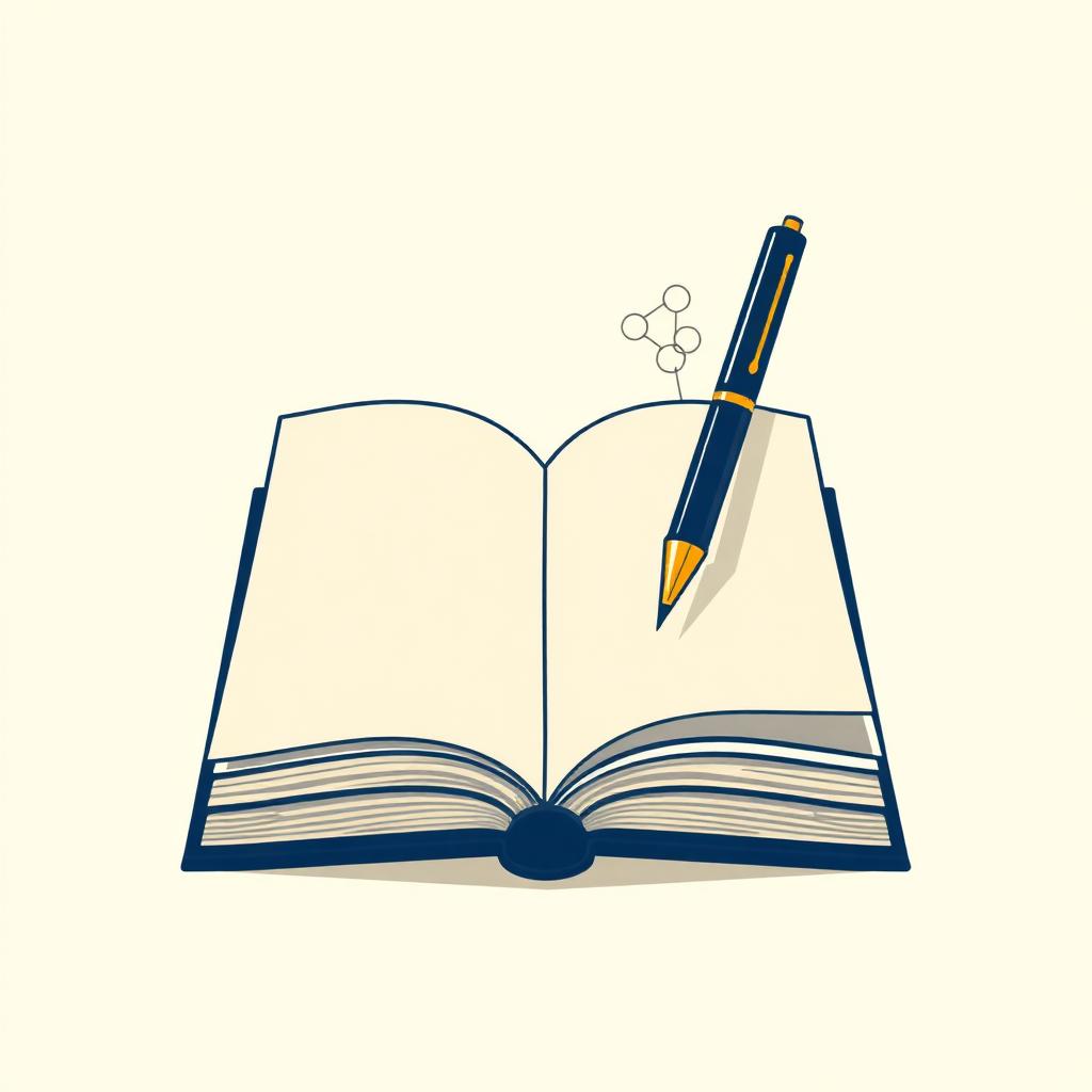 Illustration of an open book with a fountain pen and mind-map sketch